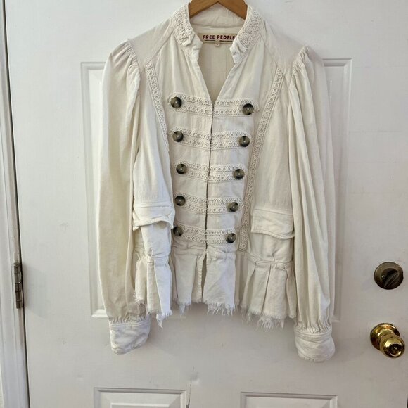 Free People White Arian Fringe Embroidered Military Style Jacket Sz Sm - Picture 2 of 10